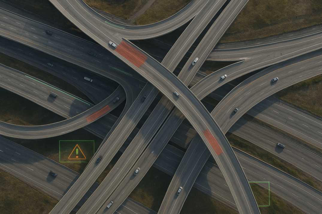 Overhead view of a complex freeway interchange with subtle AI hazard and condition overlays, no text.