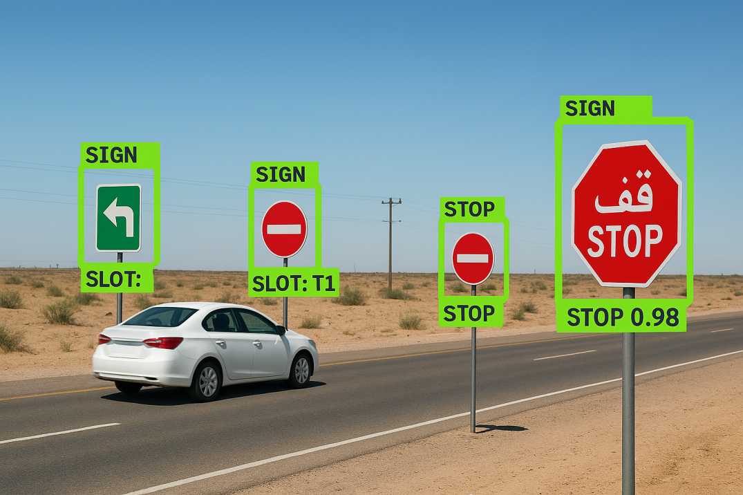 AI-detected roadside traffic signs along a rural highway with a car passing in daylight.