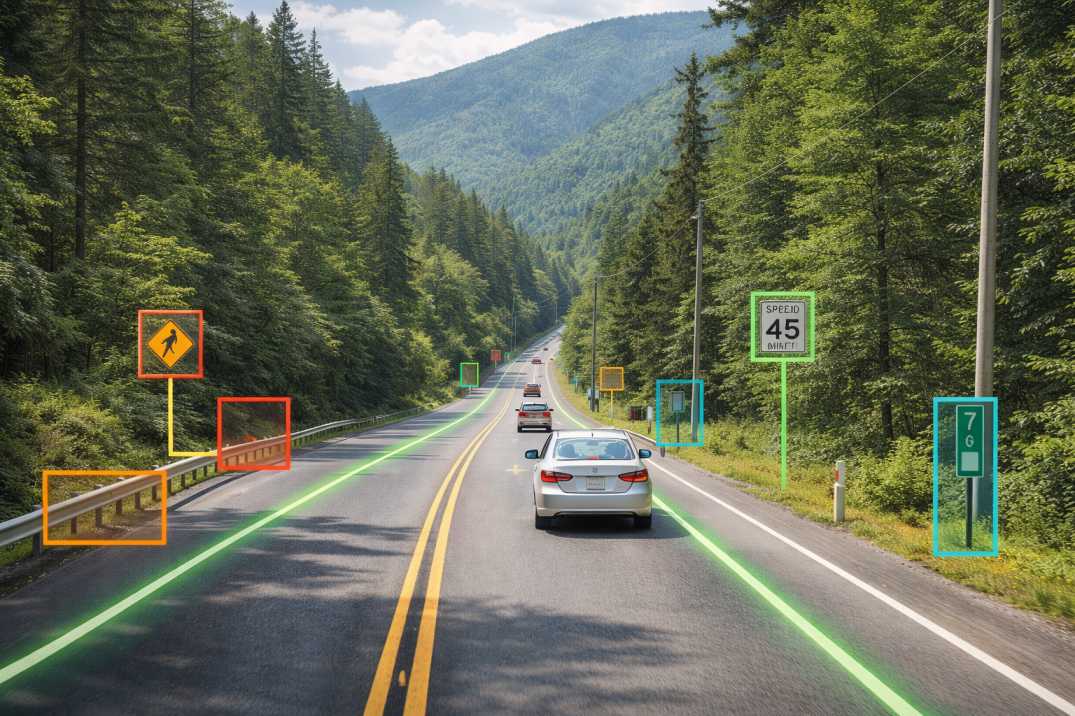 AI-detected roadside assets along a forested mountain highway in Georgia.