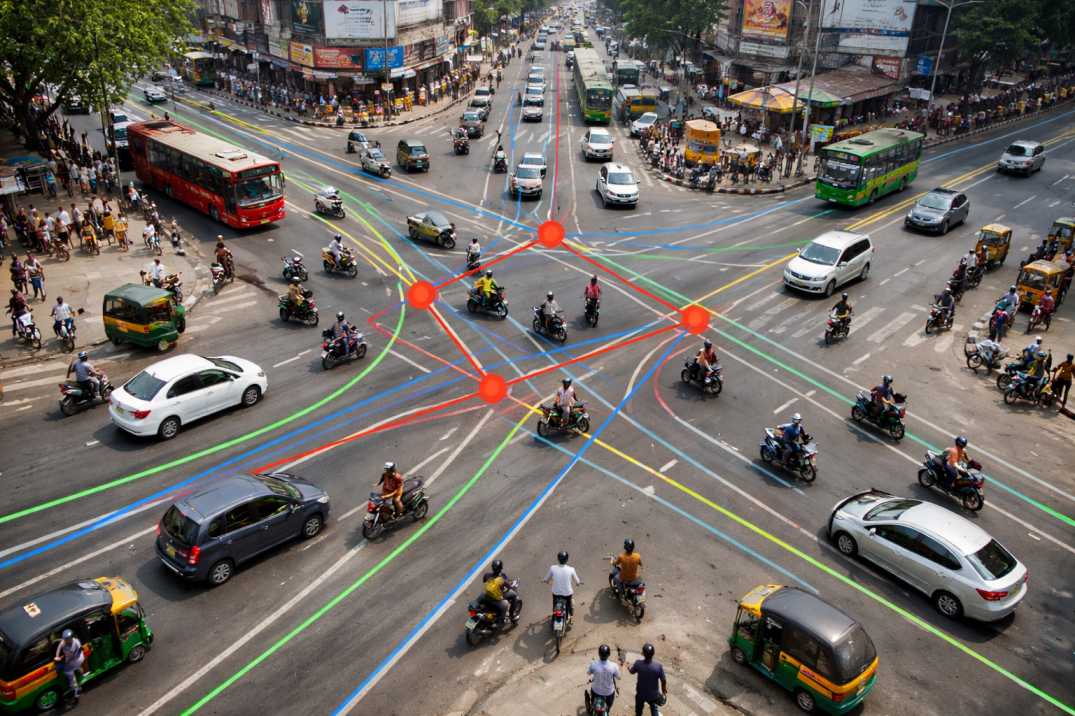 Aerial view of a busy Indian urban intersection with mixed traffic and natural vehicle movement patterns in daylight.