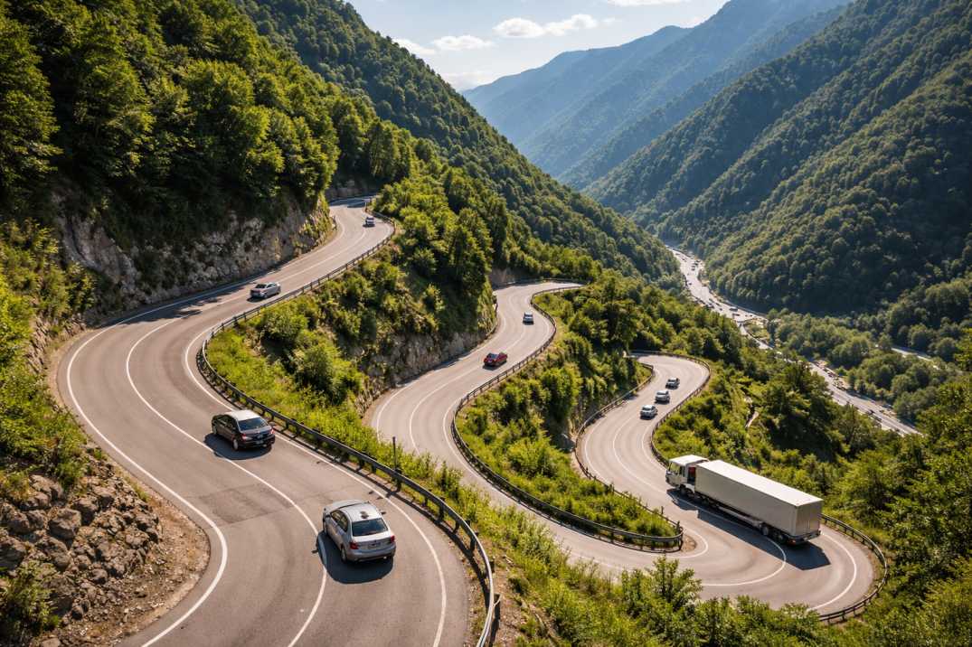 Winding mountain road in Georgia with vehicles navigating sharp curves under daylight.