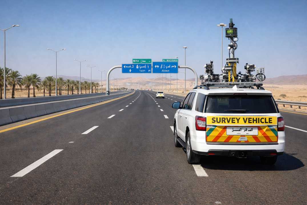 Survey vehicle capturing road assets on a wide Saudi highway under clear desert daylight.