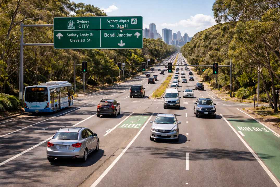 Urban arterial road in Australia with clear lane markings, signage, and mixed traffic under daylight.