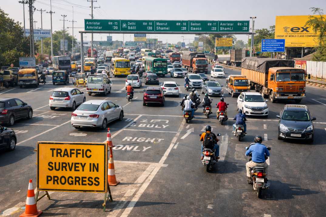 Indian highway junction with mixed traffic during a daytime traffic survey.