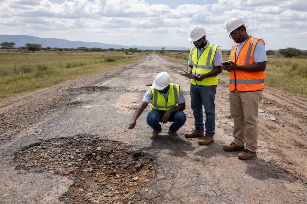 Road engineers inspecting varied surface conditions on an African roadway in natural daylight.