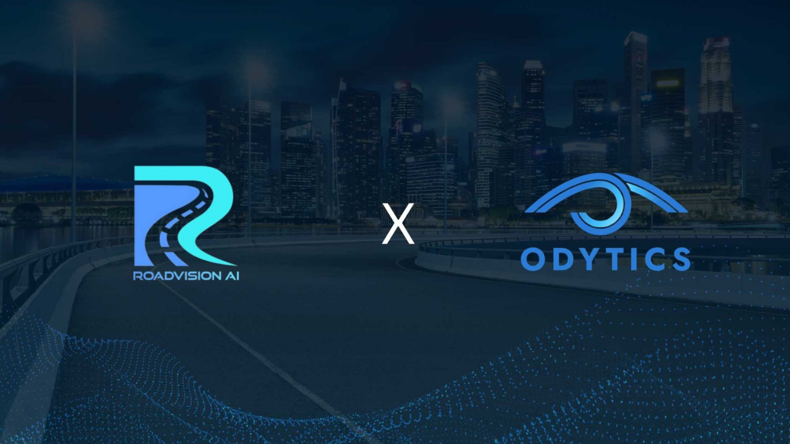 RoadVision AI and Odytics partnership announcement visual with logos over a smart city road background.