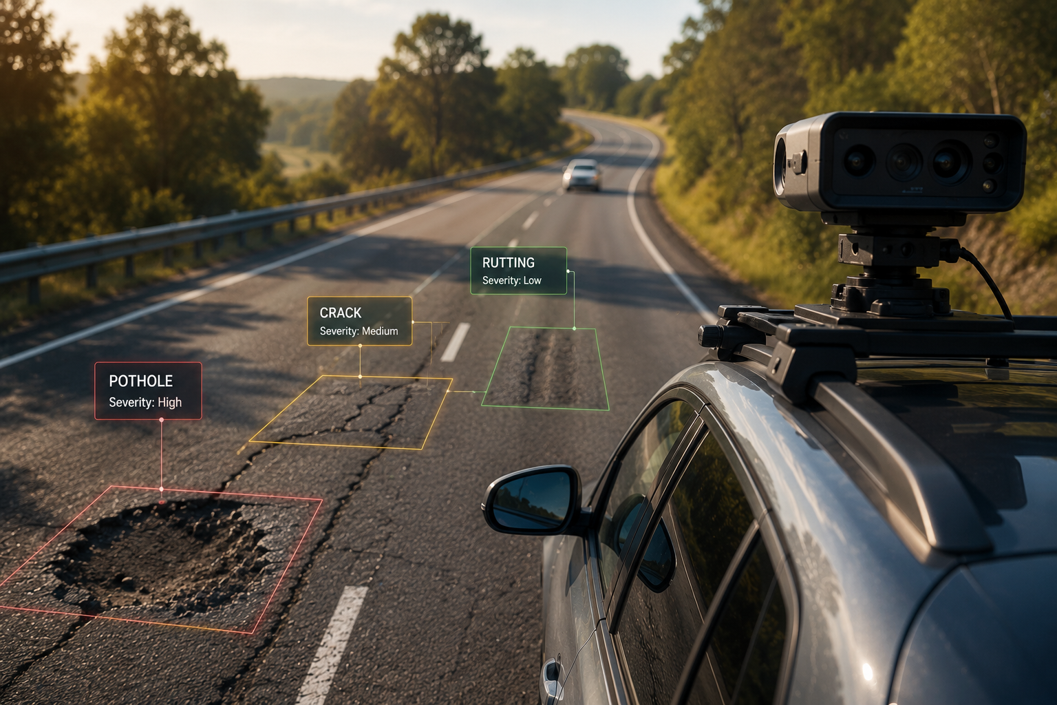 AI road inspection vehicle detecting pavement defects on a highway using computer vision and predictive maintenance technology.