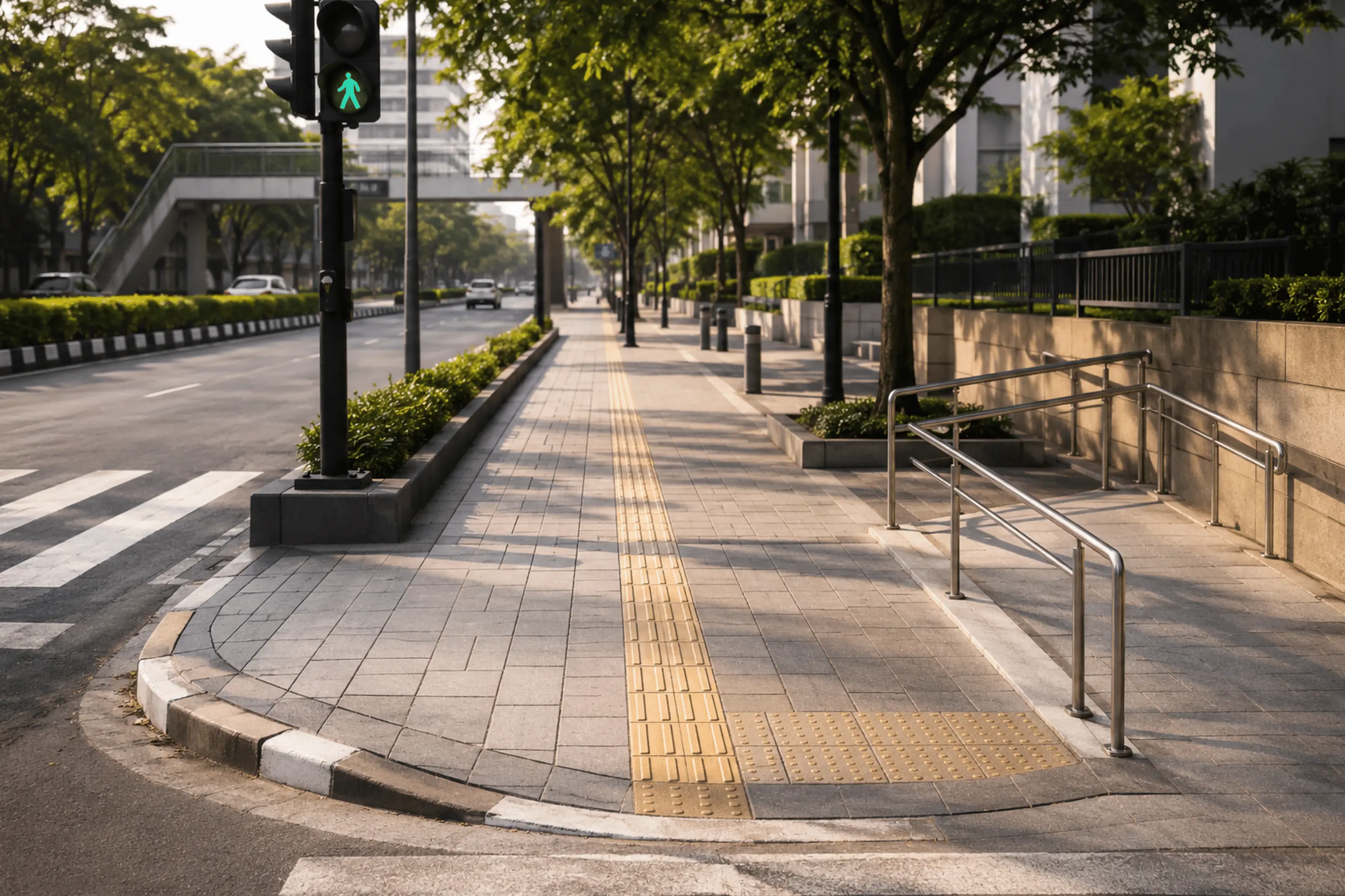 Accessible urban pedestrian infrastructure with zebra crossing, tactile paving, wheelchair ramp, and safe walkways in a modern city streetscape.