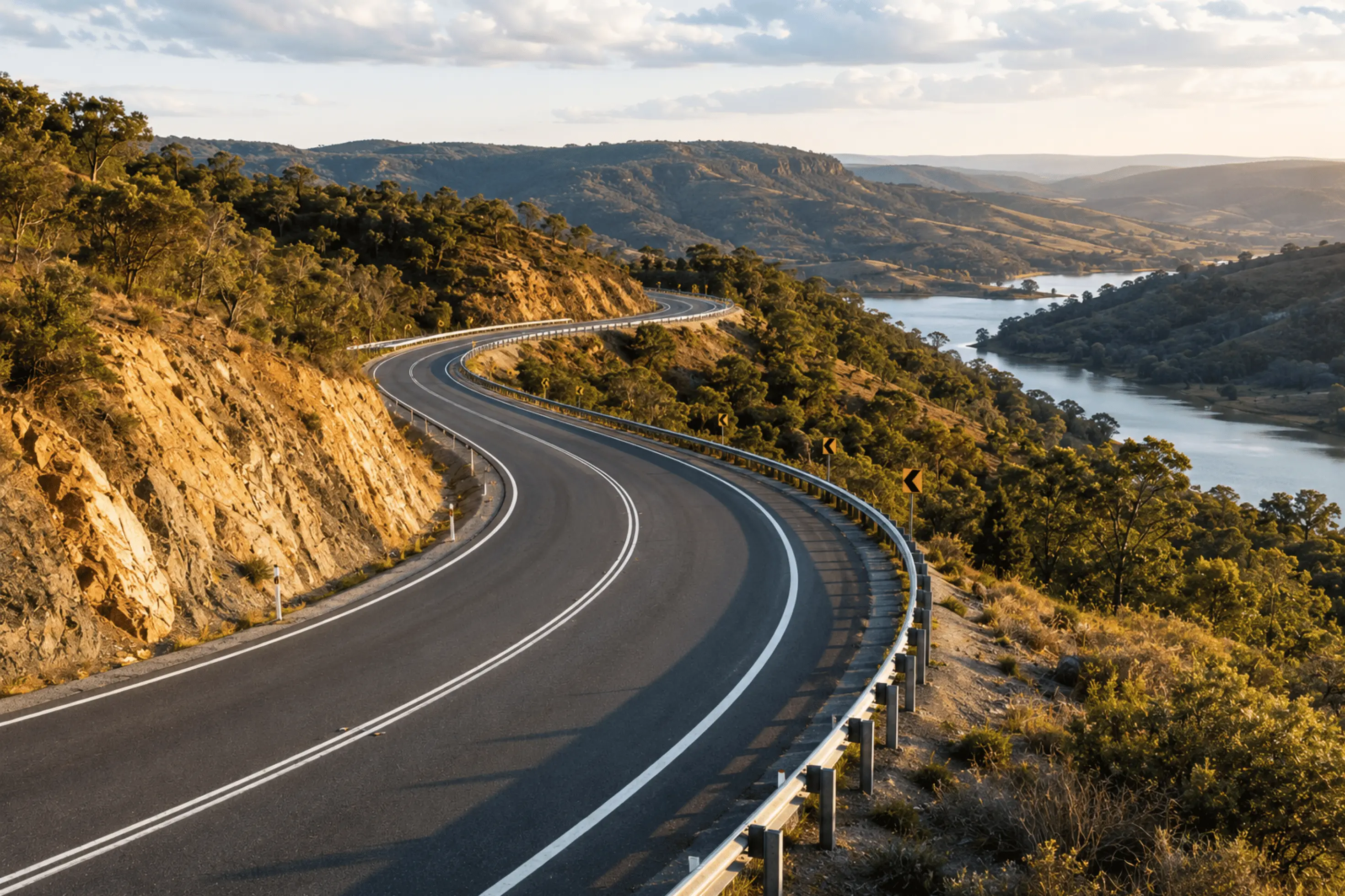 Curving Australian highway through rolling hills, illustrating safe horizontal road alignment, smooth curves, and geometric road design principles.