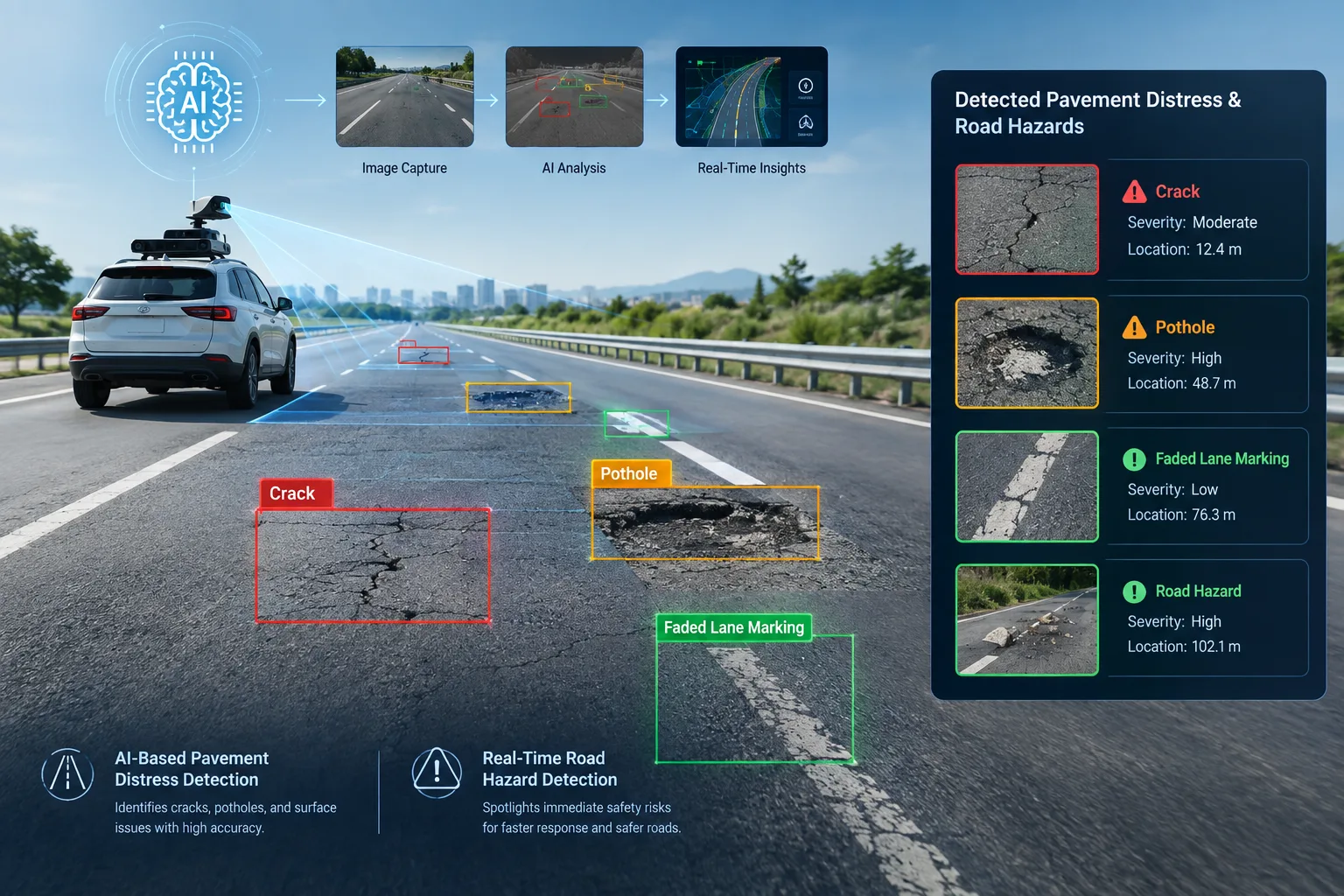 AI-Based Pavement Distress Detection and Real-Time Road Hazard Detection