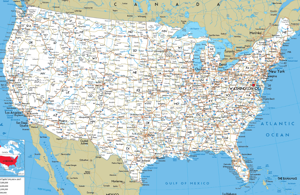 US Road Network Map showing 4.2 million miles of highways and roads