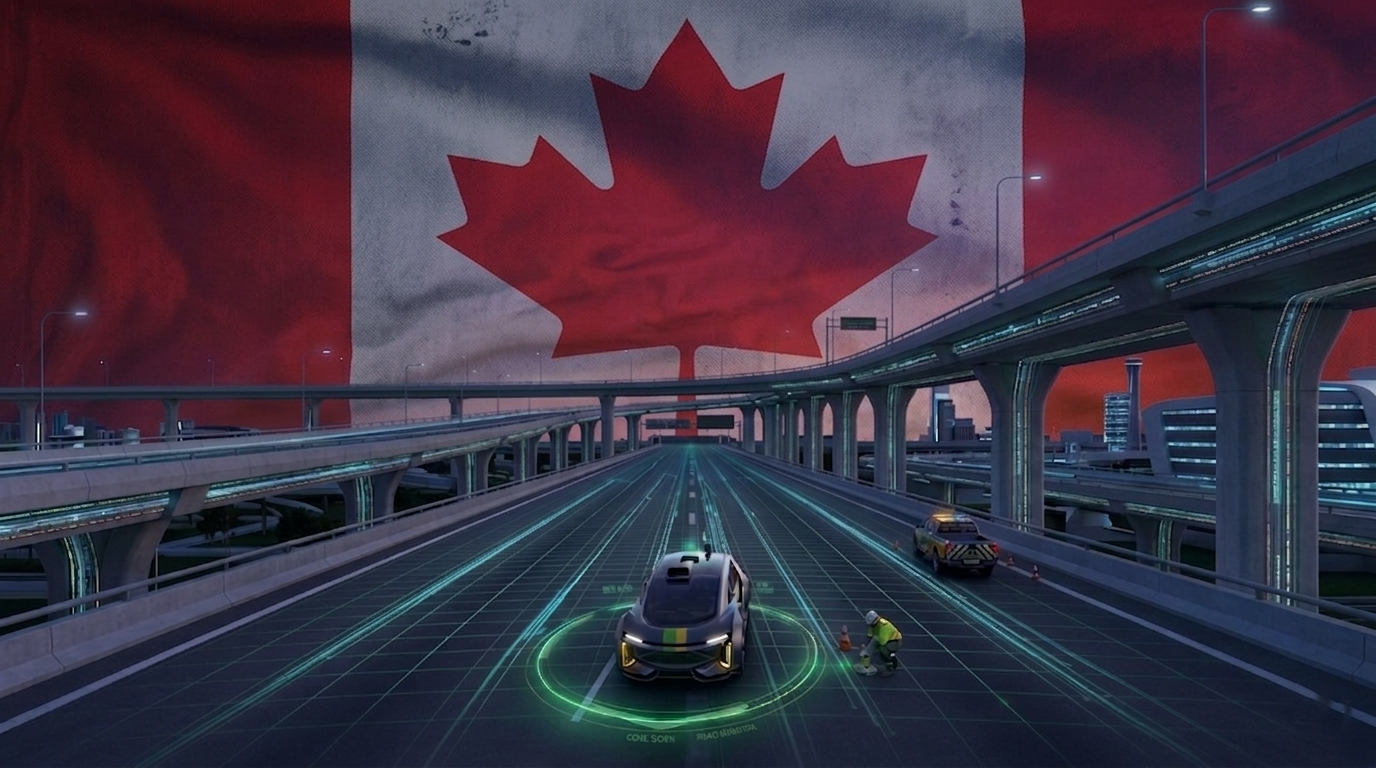 Canadian winter highway with maple leaf flag motif and AI road scanning visualization
