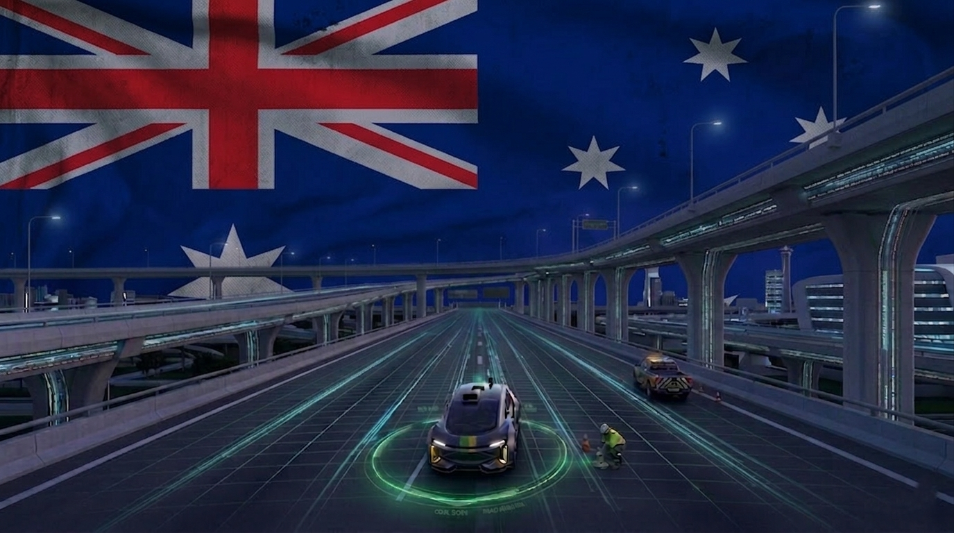 Australian outback highway with flag motif and AI road scanning visualization