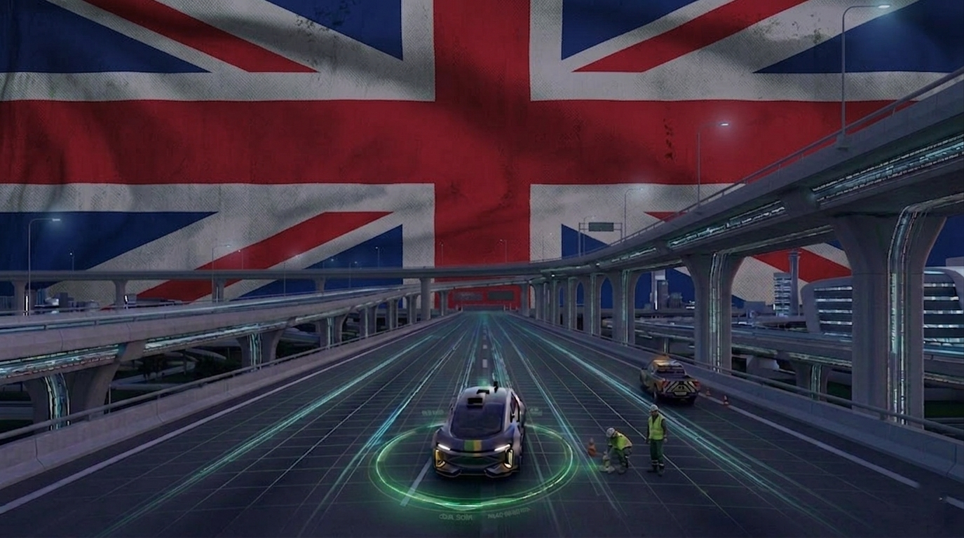 UK motorway at dusk with AI road scanning visualization