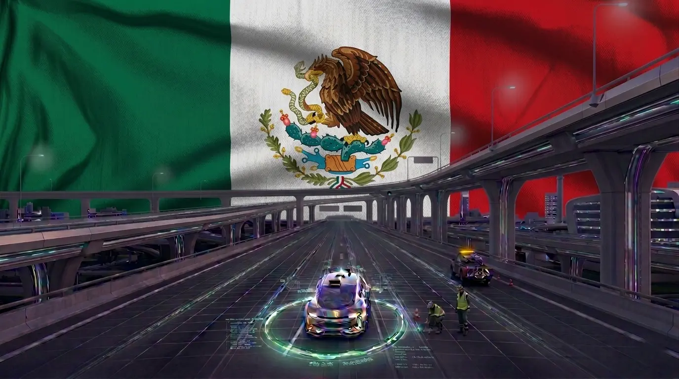 Mexican carretera federal at dusk with AI road scanning visualization