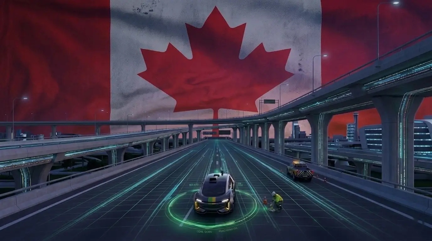 Canadian winter highway with maple leaf flag motif and AI road scanning visualization