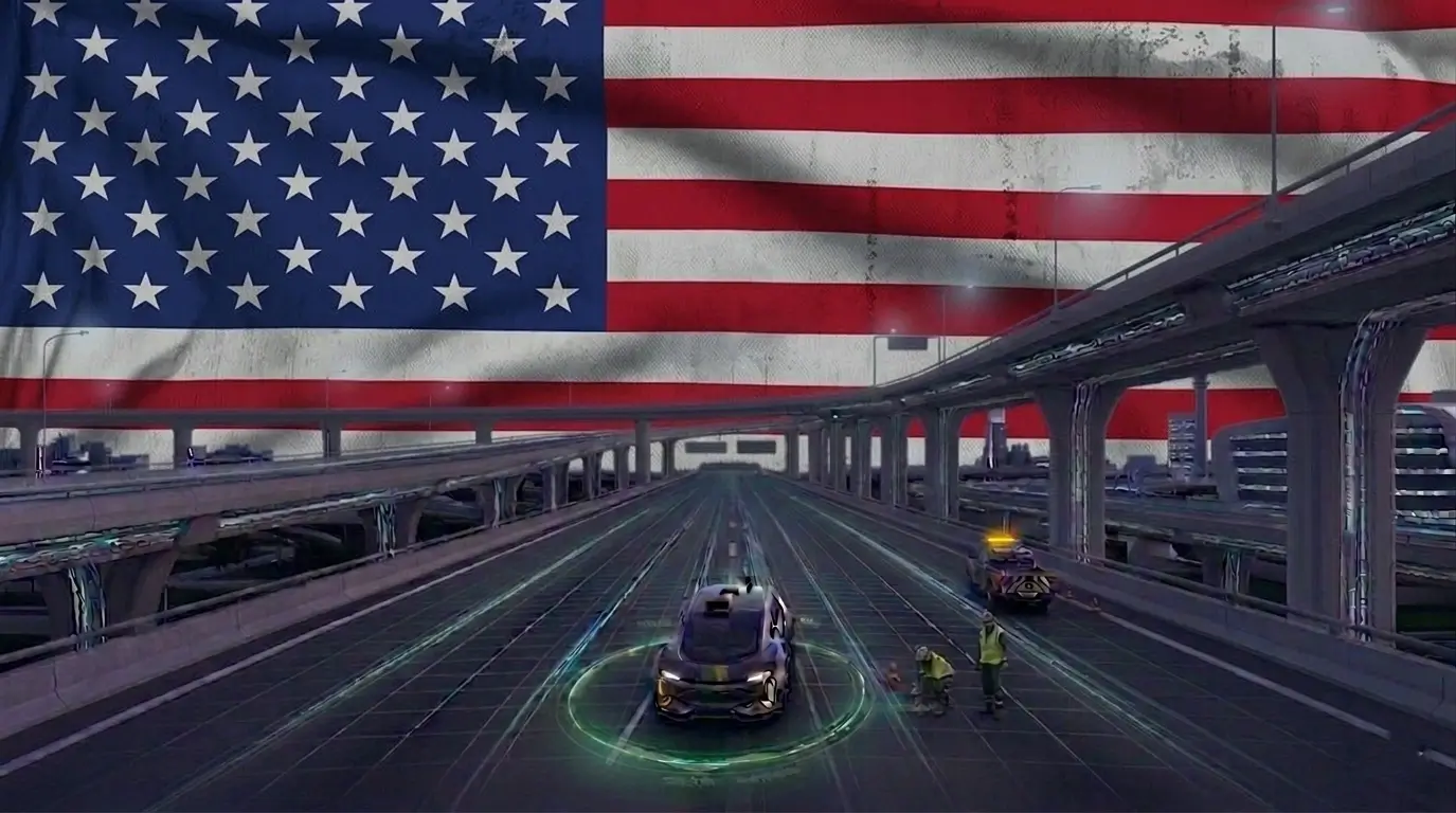 US highway network with AI road scanning visualization