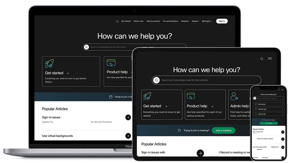 Redesigned Help Center homepage on 3 different devices.