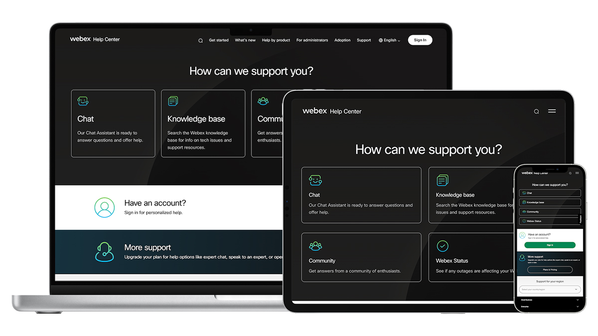 Redesigned Support page on 3 different devices.