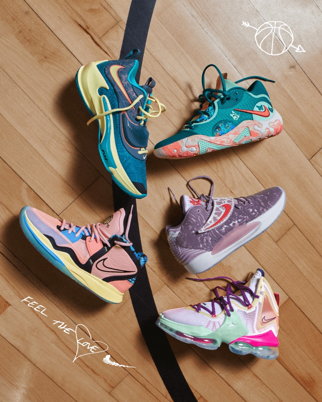 a collection of five basketball shoes