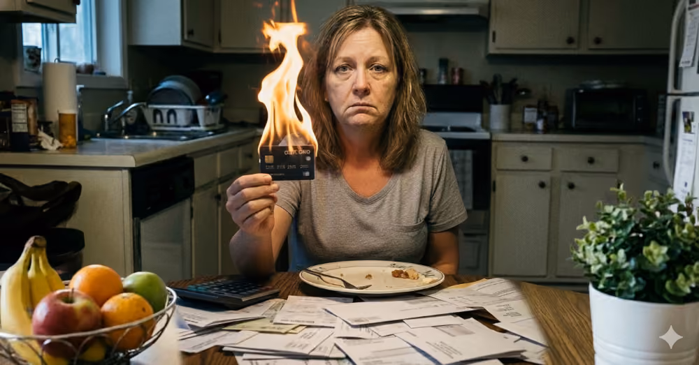 Person reviewing bills at a kitchen table