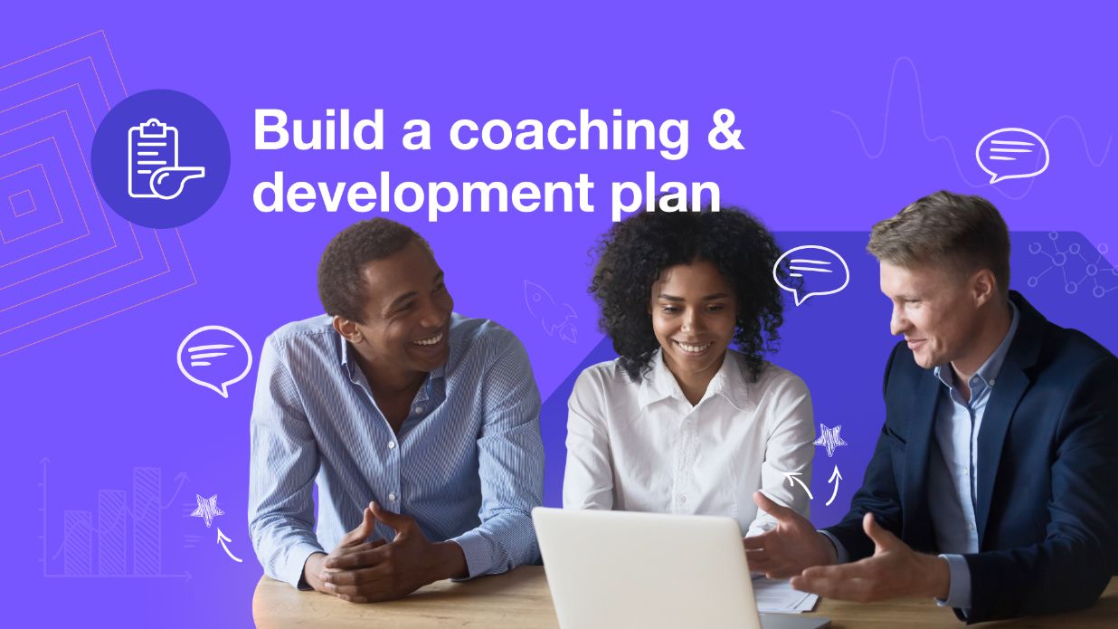 Three professionals on a laptop with text "build a coaching and development plan"