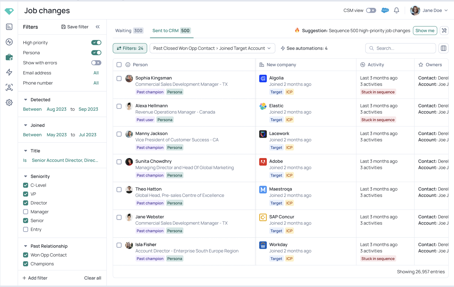 Job change view within the UserGems platform