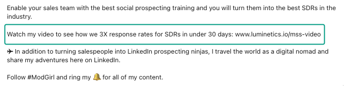 Using a CTA right in the LinkedIn about section