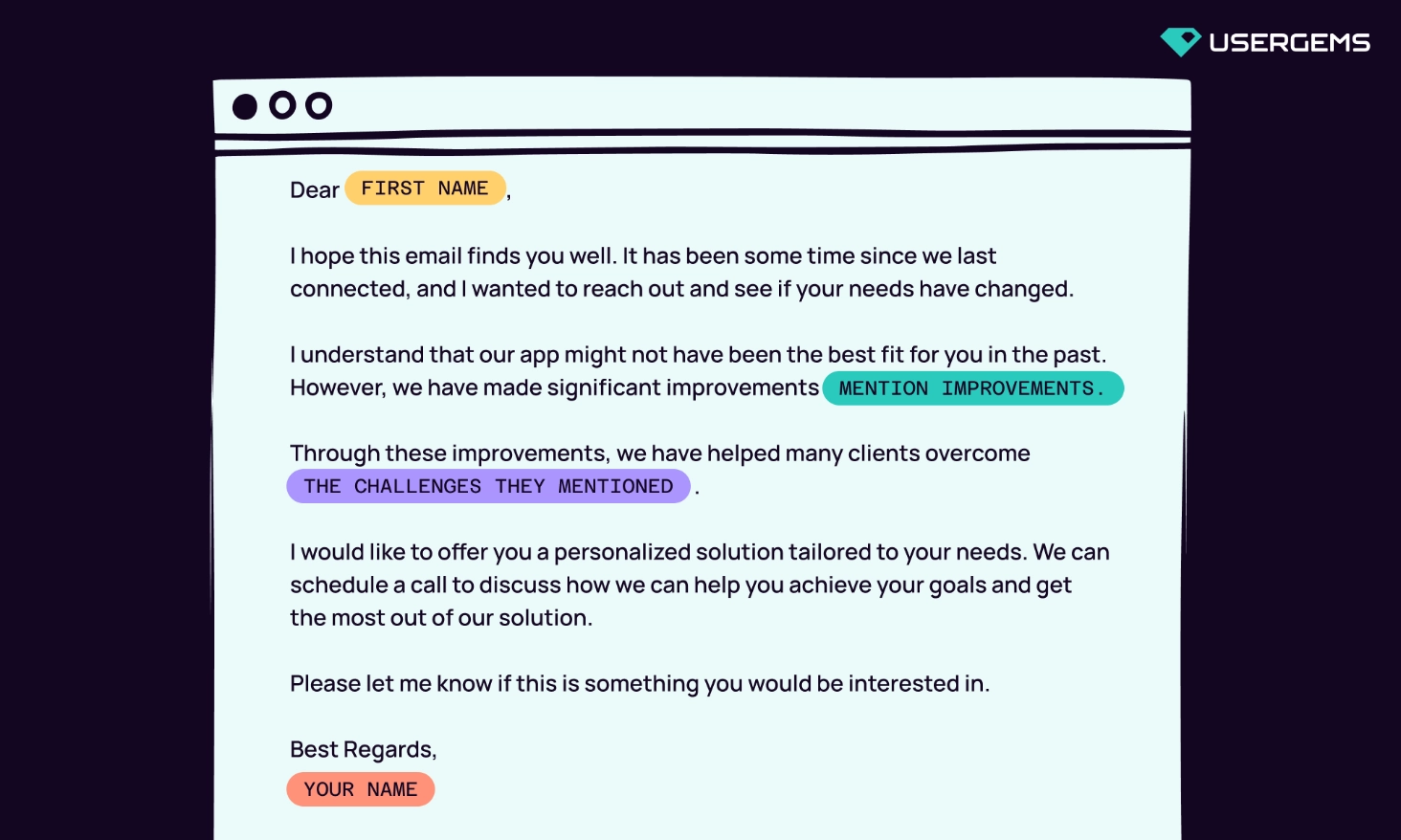 Email template highlighting a feature and product improvements