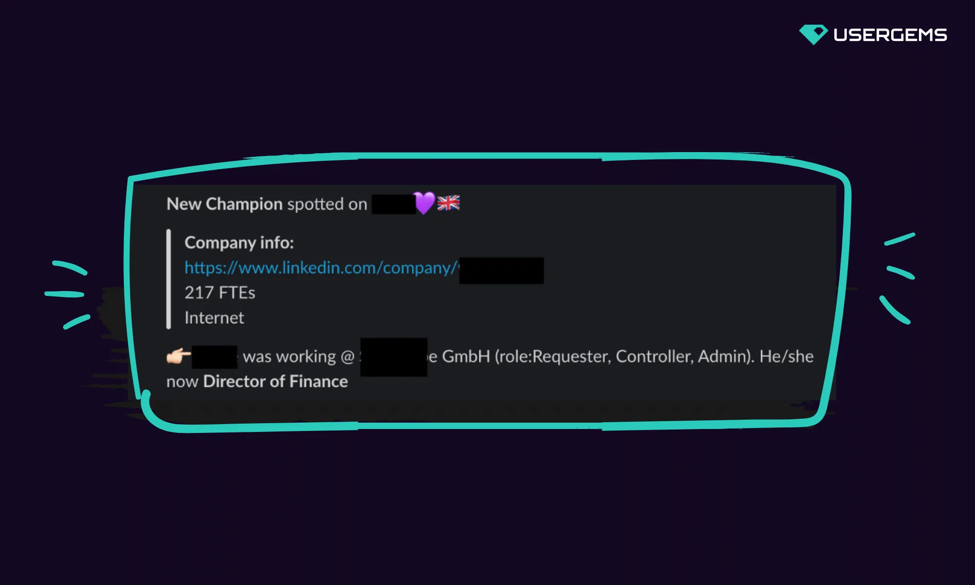 An example of a Slack notification of a champion job change sales trigger