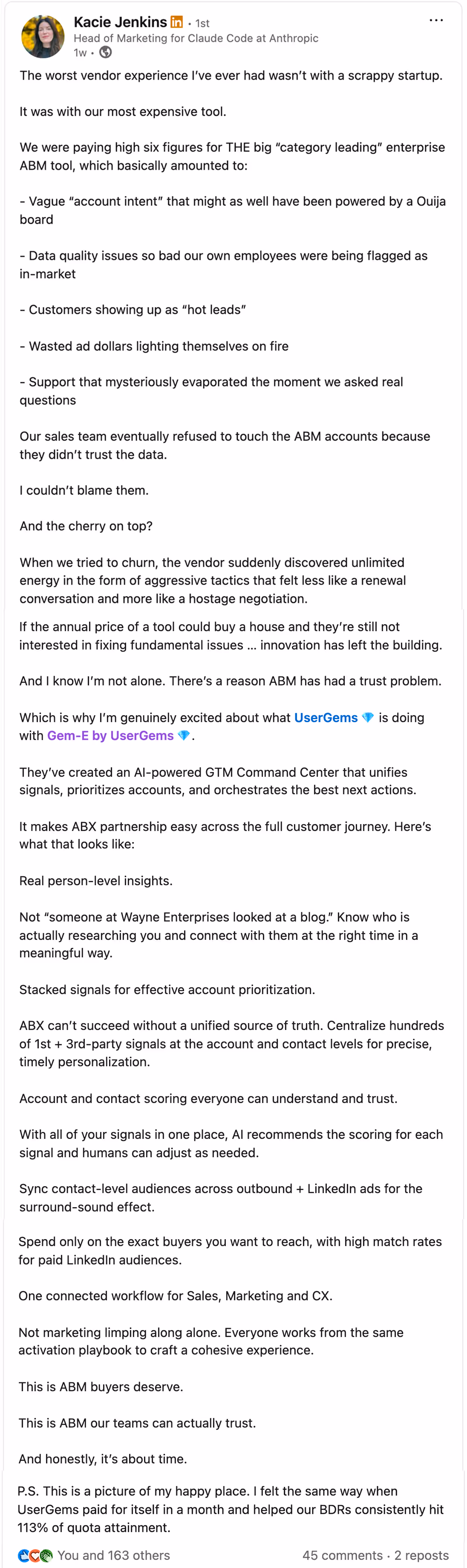 Kacie Jenkin's linkedin post about UserGems vs 6sense