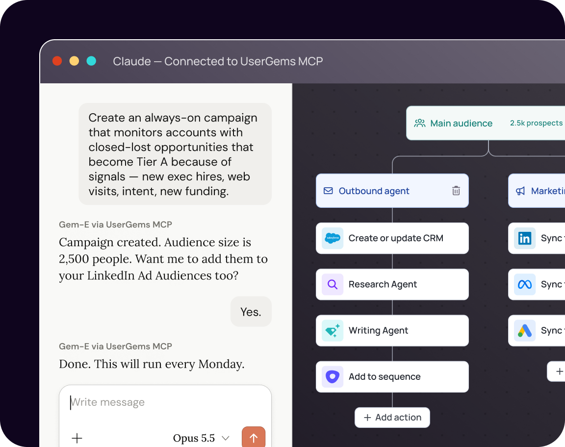Claude connected to UserGems MCP creates a campaign and coordinates outbound and marketing workflows.