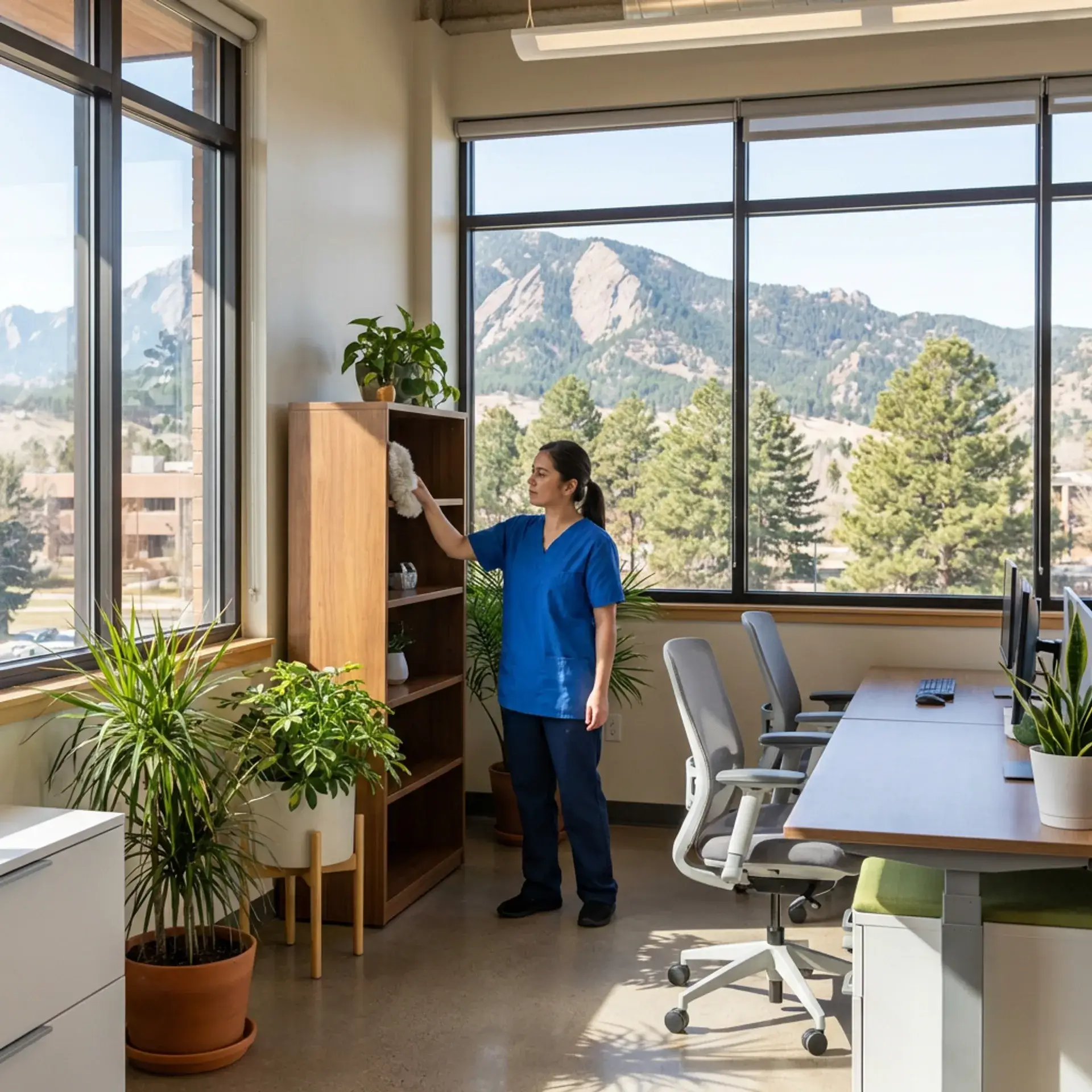Cleaning woman cleaning a commercial office space in Boulder, Colorado.