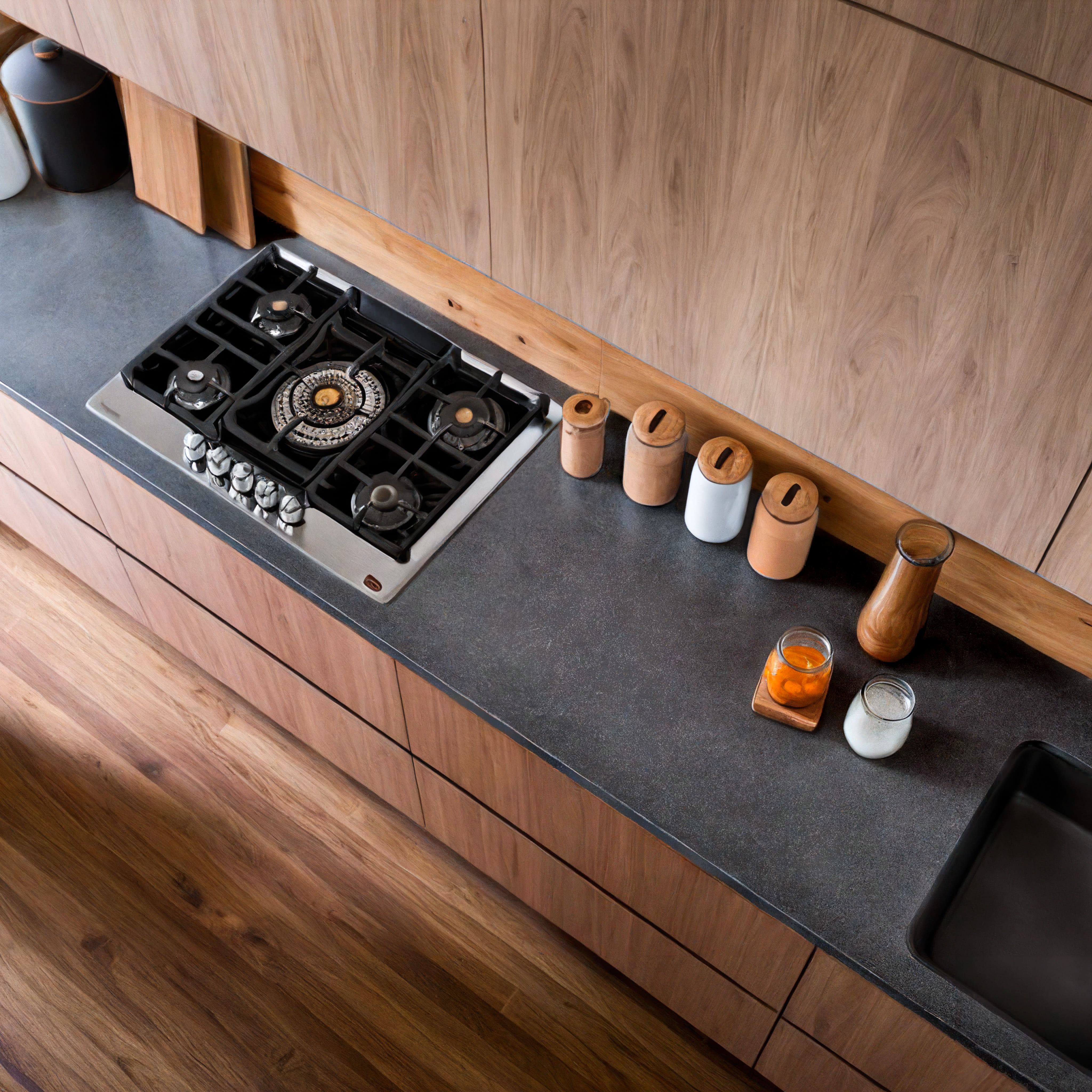 Modern kitchen countertop with built-in gas stove, wood cabinetry, and minimalist containers, visualized with Visoid AI.