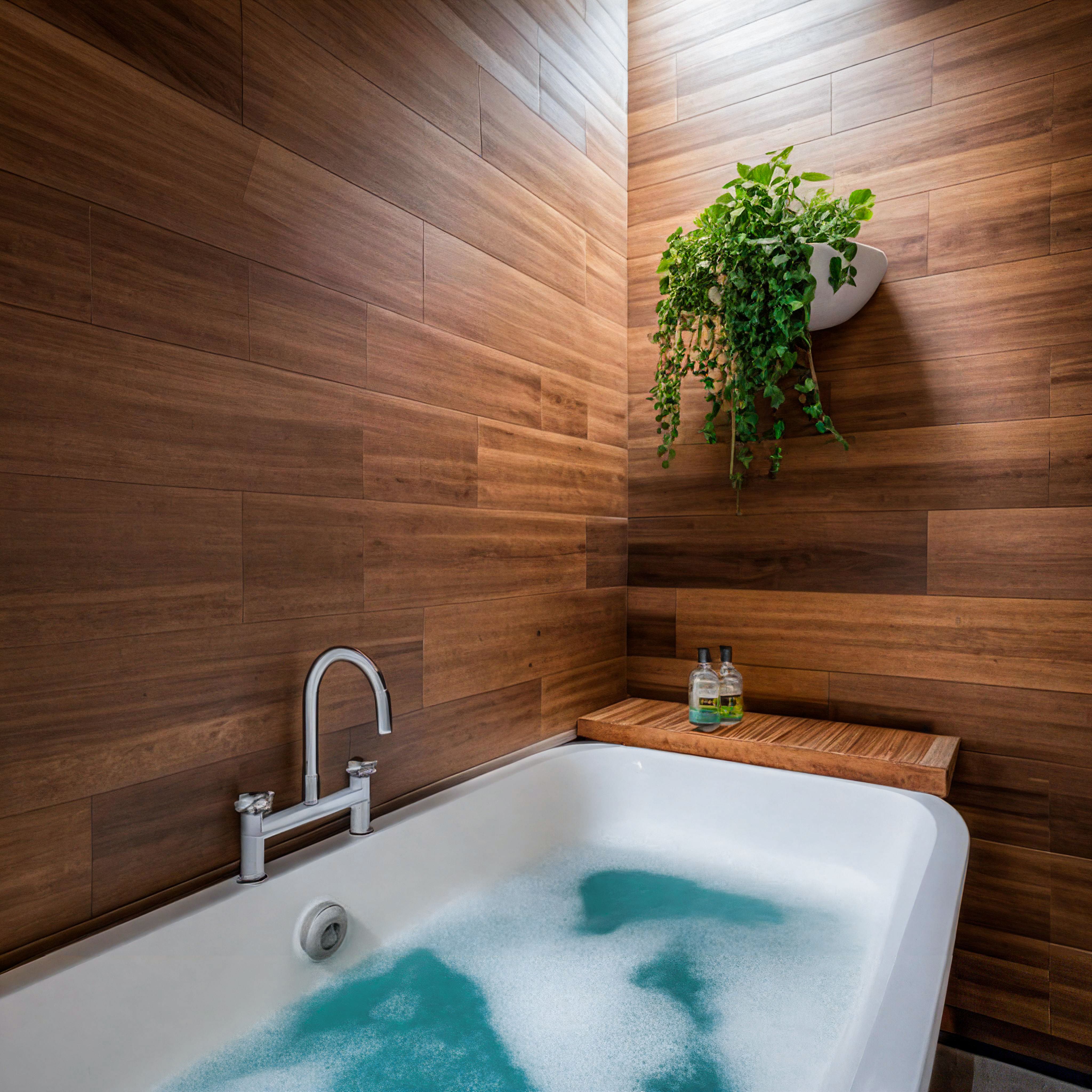 Stylish bathub featuring wood walls, rendered with Visoid AI for interior design