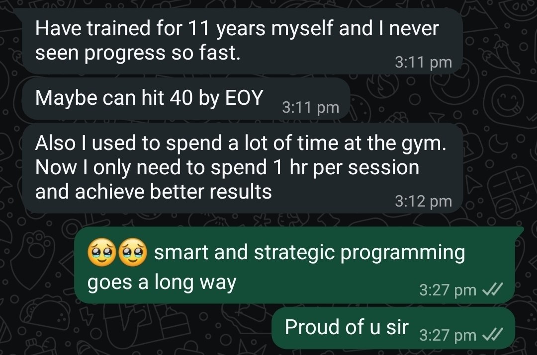 Client message about faster progress and more efficient one-hour training sessions