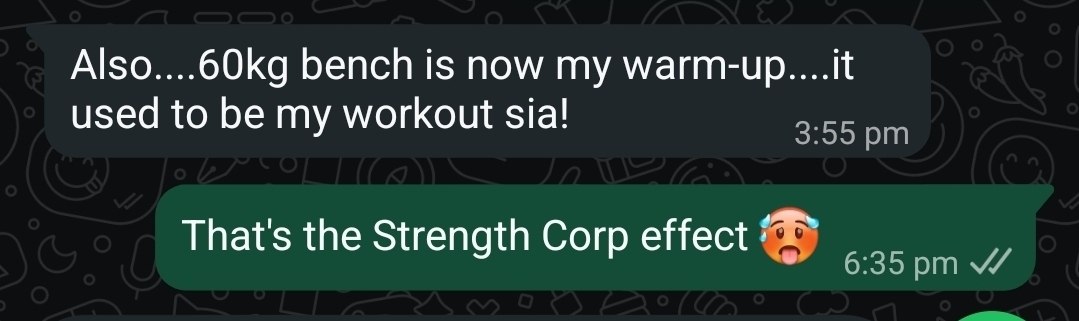 Client message celebrating a 60 kilogram bench press becoming a warm-up