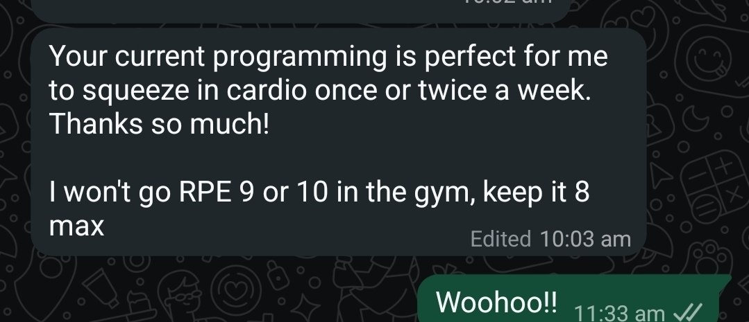 Client message about fitting cardio around personalised strength programming