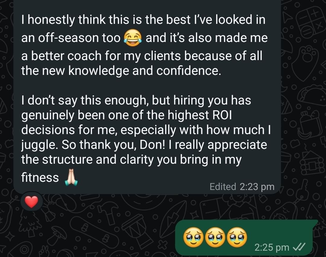 Client message describing coaching as a high-ROI decision that brought structure, clarity and confidence