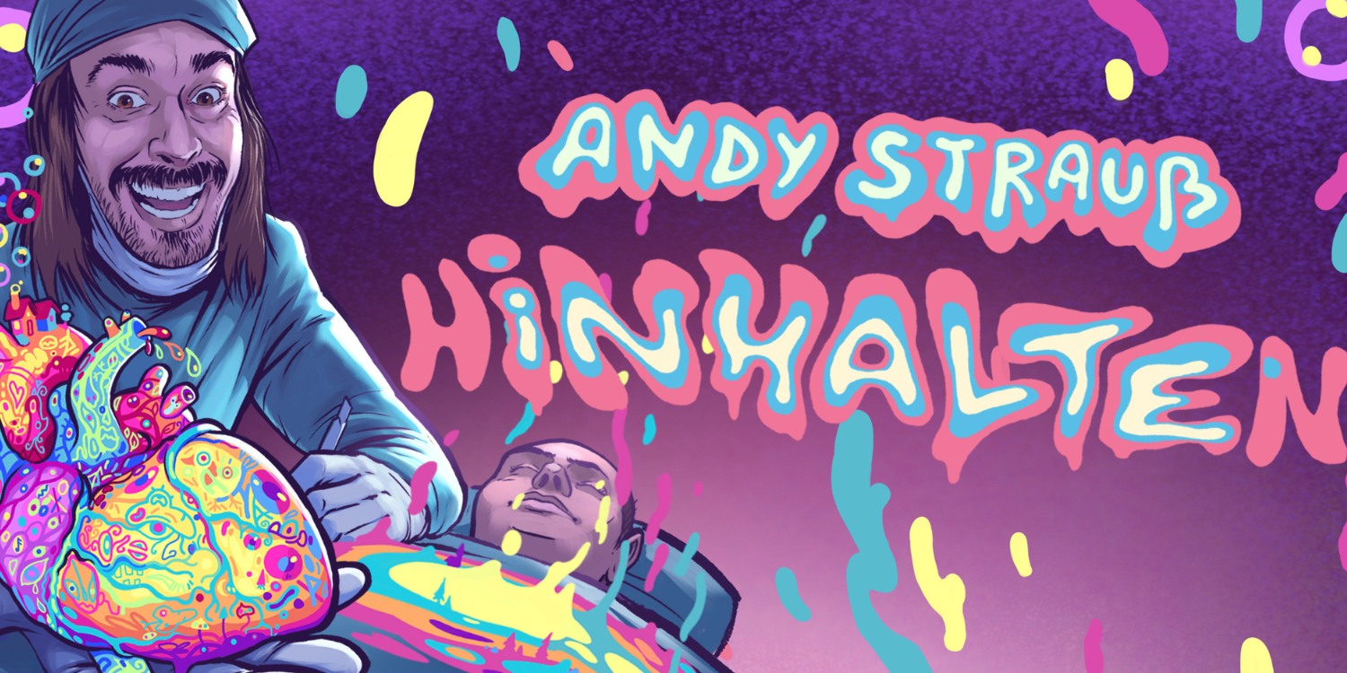 Das Plakat. Andy Strauß als Karikatur. Alles in bunt mit viel Lila.