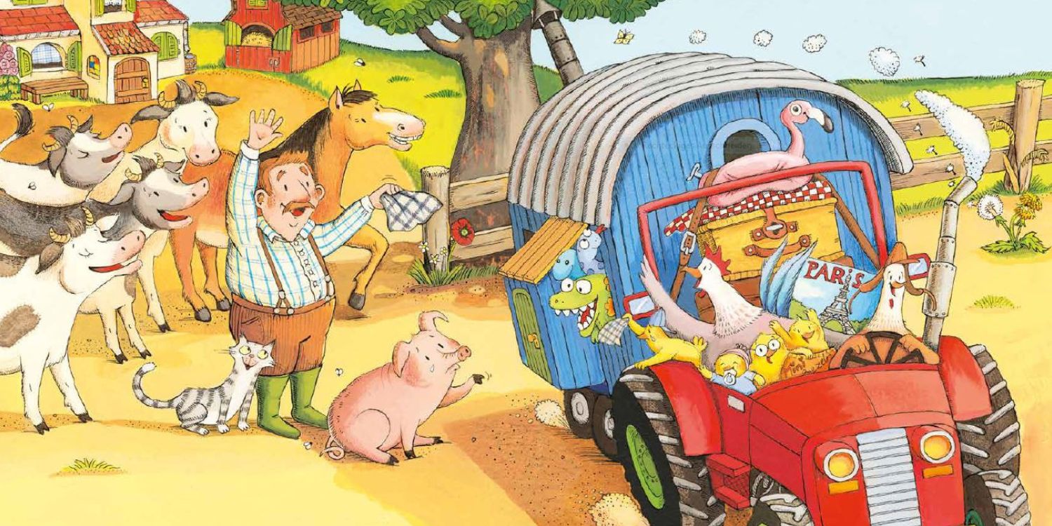 Buchbild: Die Hühner Henry und Henriette fahren mit dem Traktor in den Urlaub.