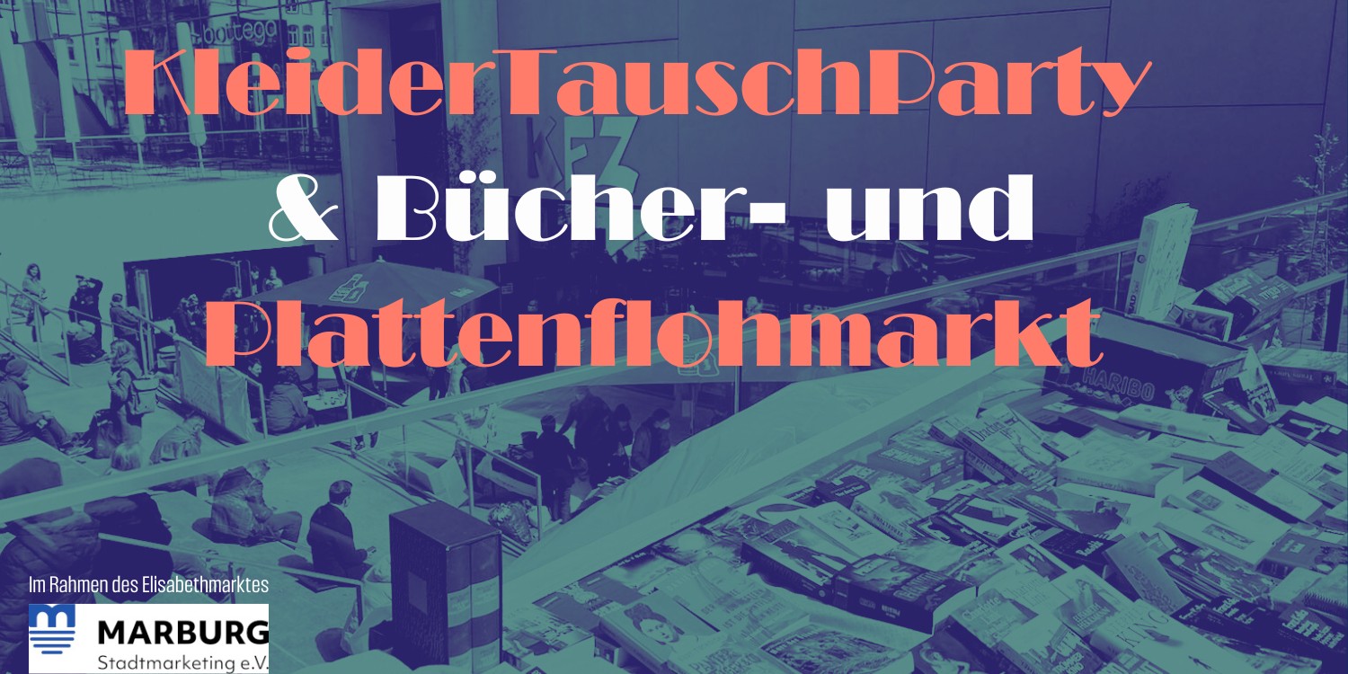 Bild vom KFZ-Tiefhof im Hintergrund, vorne Schriftzug KleidertauschParty.