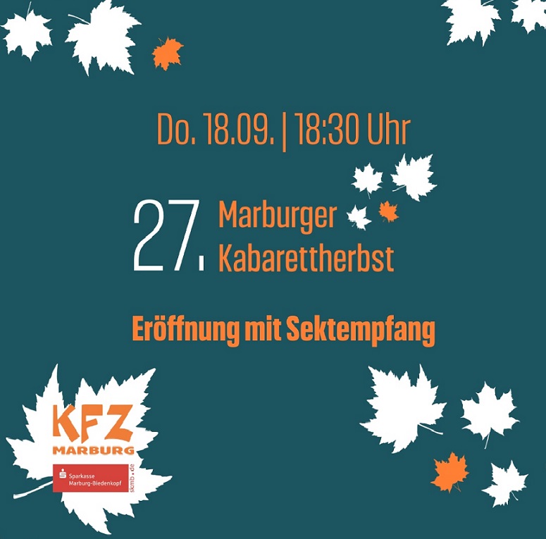 "27. Marburger Kabarettherbst" in orange und grau-blau auf dunkelblauem Hintergrund; Silhouetten von Herbstblättern