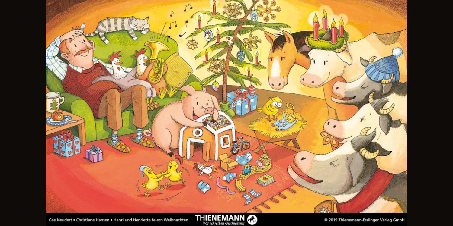 Buchseite mit allen Bauernhoftieren vor einem Weihnachtsbaum