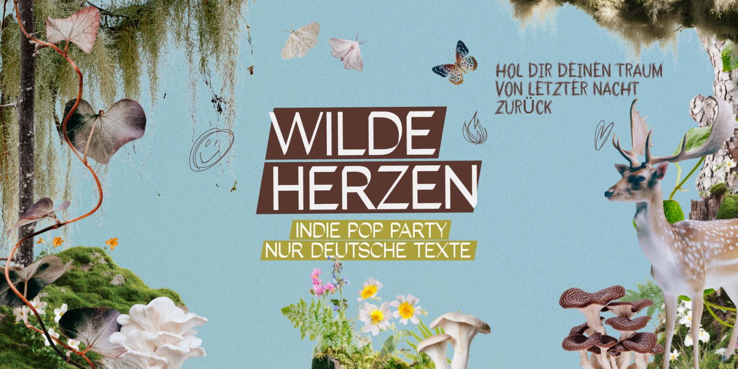 Wilde Herzen Plakat mit Schmetterlingen, Blumen und Pilzen drauf.