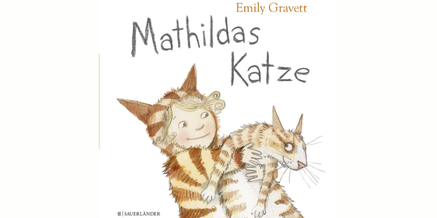 Gezeichnetes Buchcover von Mathildas Katze. Mädchen mit Katzenkostüm mit ihrer Katze im Arm.