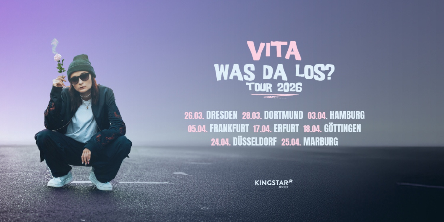 Vita in der Hocke mit qualmender Rose in der Hand. Und die Tourdaten.