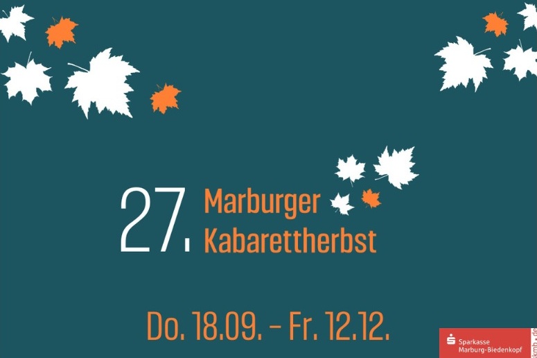 "27. Marburger Kabarettherbst" in orange und grau-blau auf dunkelblauem Hintergrund; Silhouetten von Herbstblättern