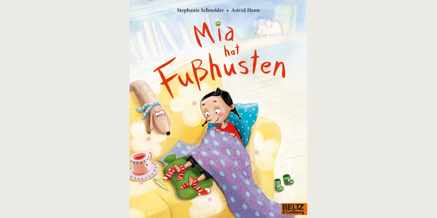 gemaltes Cover vom Buch: Mia hat Fußhusten mit Mia im Bett liegend