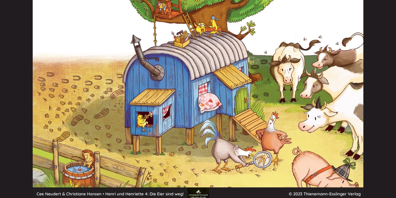 Seite aus dem Bilderbuch Henri und Henriette. Die Bauernhof-Tiere suchen mit einer Lupe nach Spuren.